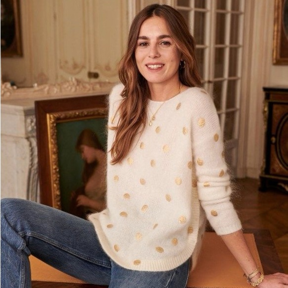 Brand New with Tags - Sezane PAUL sweater in Ecru with Gold Polka Dots, Size M